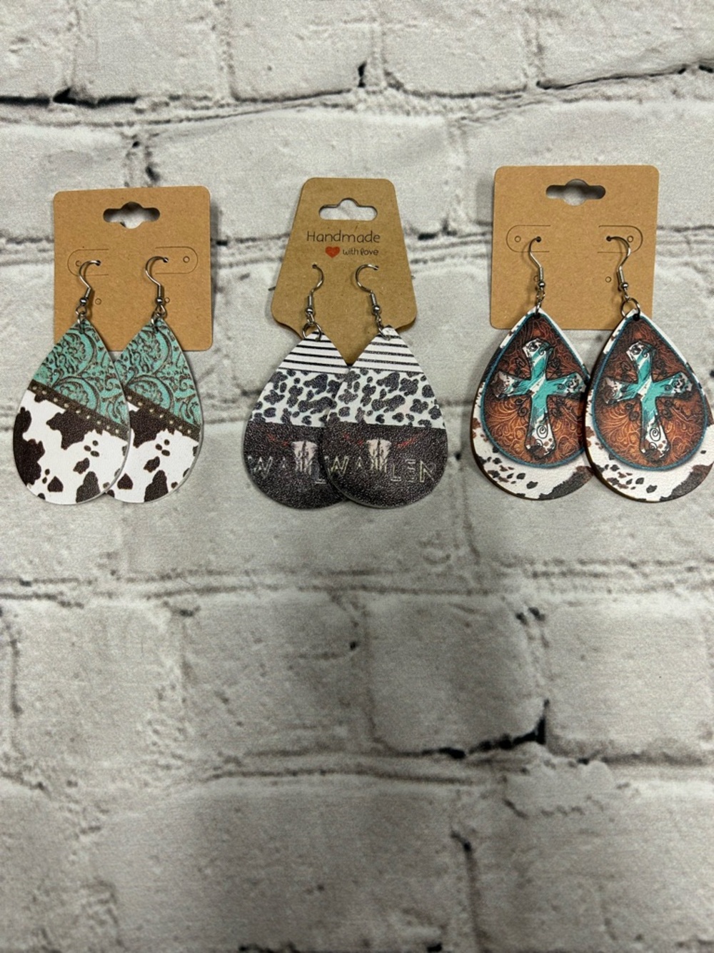 Set of 3 Teardrop Western Leather Earrings - Turquoise, White, Brown